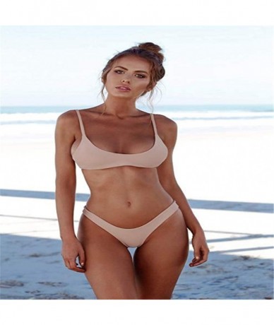 Sets Thong Bikini Swimsuit High Cut Two Piece Swimsuits Women's Solid Scoop Neck Push Padded - Pink - CA18RME65WW $27.82