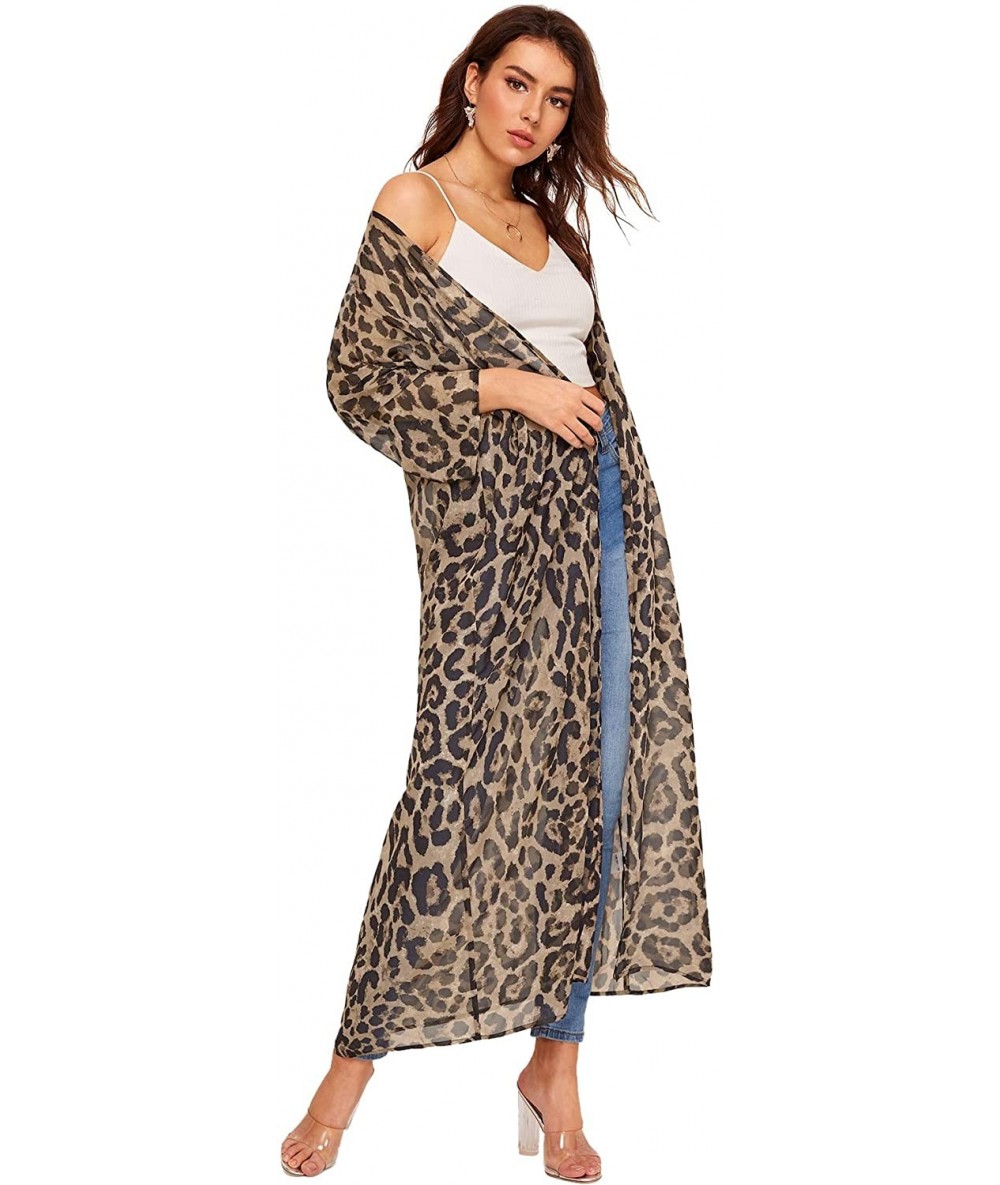 Cover-Ups Women's Striped Beach Wear Cover up Longline Kimono Cardigan - Brown-1 - C51966E4NC5 $27.14