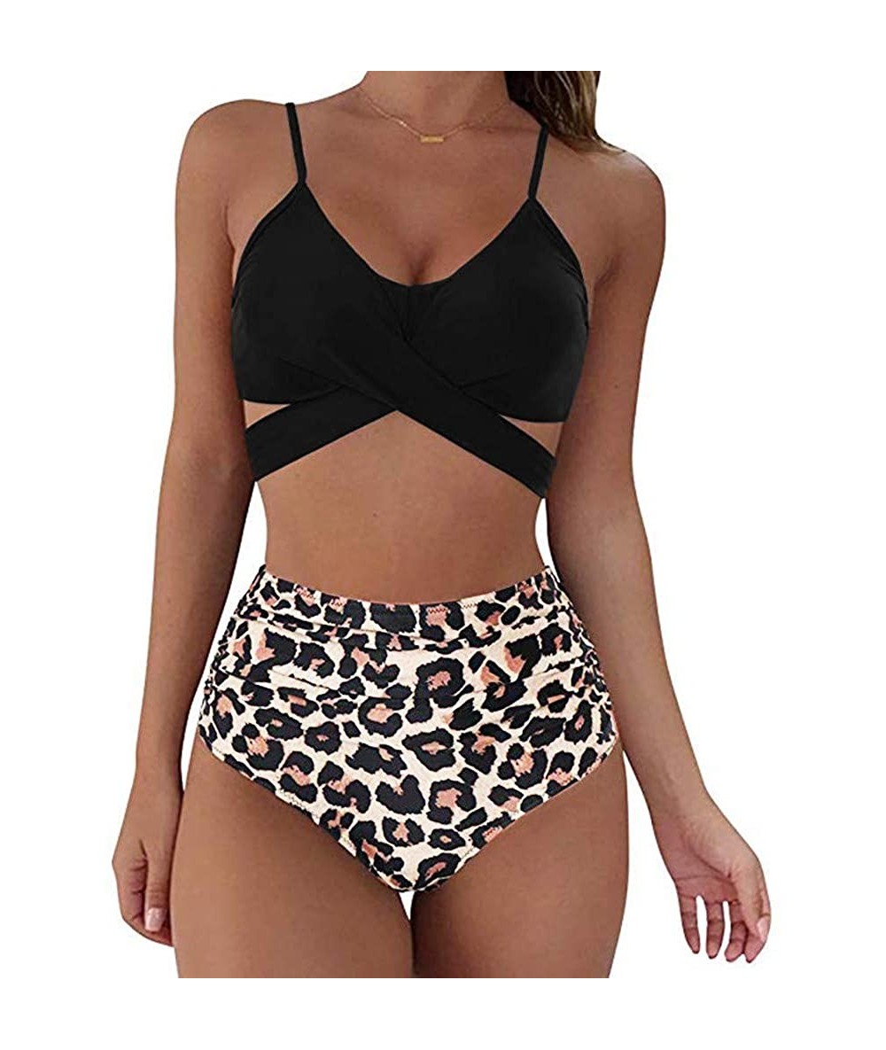 Sets High Waisted Padded Halter Bandage Bikinis Sets Sexy Two Piece Swimsuits Bathing Suits for Womens - A - Black - CF198404...