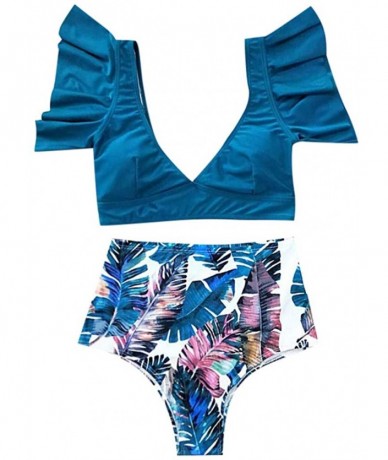 Racing Women High Waisted Bikini Set Two Pieces Swimsuits Bathing Suits Ruffled Flounce Top Swimsuit Beachwear - Blue - CO196...