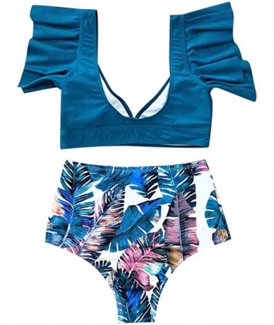 Racing Women High Waisted Bikini Set Two Pieces Swimsuits Bathing Suits Ruffled Flounce Top Swimsuit Beachwear - Blue - CO196...