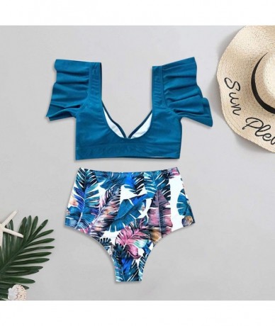 Racing Women High Waisted Bikini Set Two Pieces Swimsuits Bathing Suits Ruffled Flounce Top Swimsuit Beachwear - Blue - CO196...