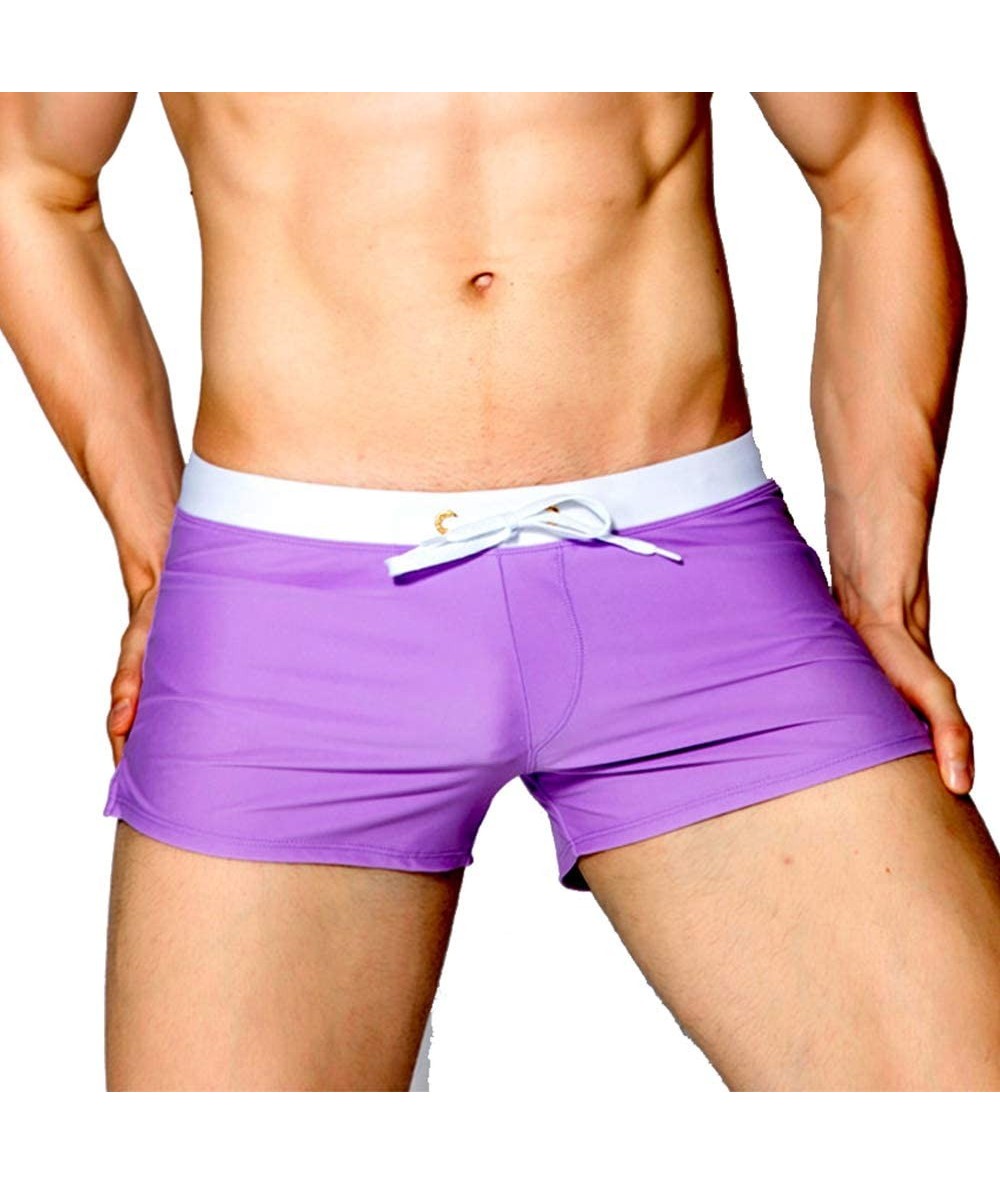 Briefs Men Swim Brief Sexy Surfing Board Shorts Beach Boxer Swimming Trunks with Pockets(Order One Size UP) - Purple - CA1803...