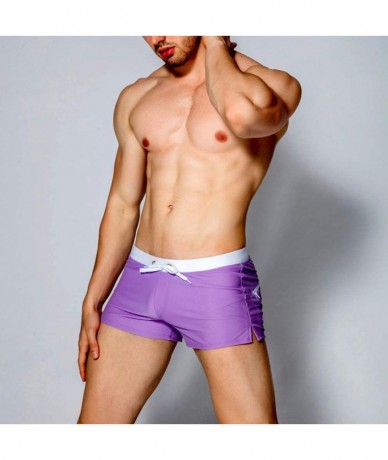 Briefs Men Swim Brief Sexy Surfing Board Shorts Beach Boxer Swimming Trunks with Pockets(Order One Size UP) - Purple - CA1803...