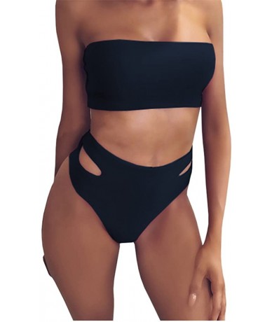 Sets Womens Sexy High Waisted Bikini 2 Piece Bandeau Swimsuit Top Cheeky Bottoms Set - 1-black - CW18C044HGY $40.20