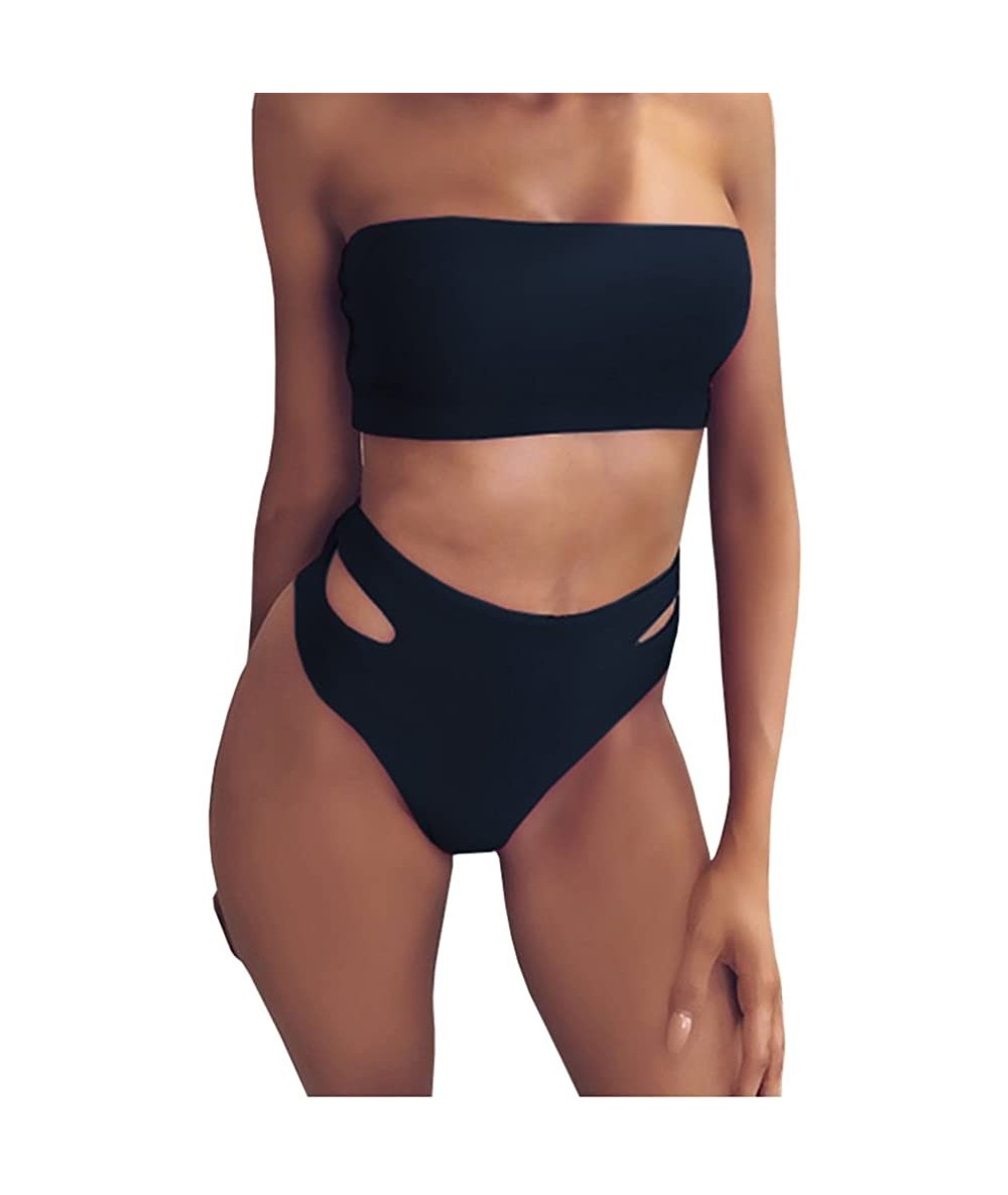 Sets Womens Sexy High Waisted Bikini 2 Piece Bandeau Swimsuit Top Cheeky Bottoms Set - 1-black - CW18C044HGY $40.20