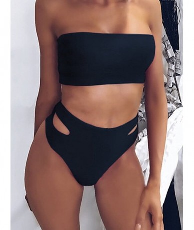 Sets Womens Sexy High Waisted Bikini 2 Piece Bandeau Swimsuit Top Cheeky Bottoms Set - 1-black - CW18C044HGY $40.20