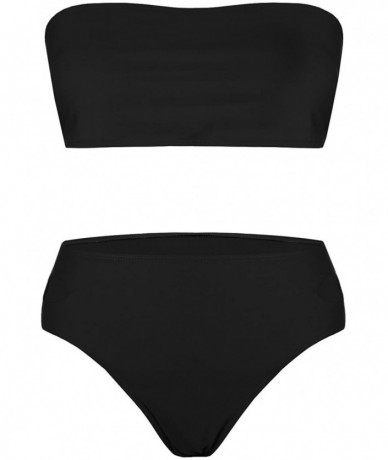 Sets Womens Sexy High Waisted Bikini 2 Piece Bandeau Swimsuit Top Cheeky Bottoms Set - 1-black - CW18C044HGY $40.20