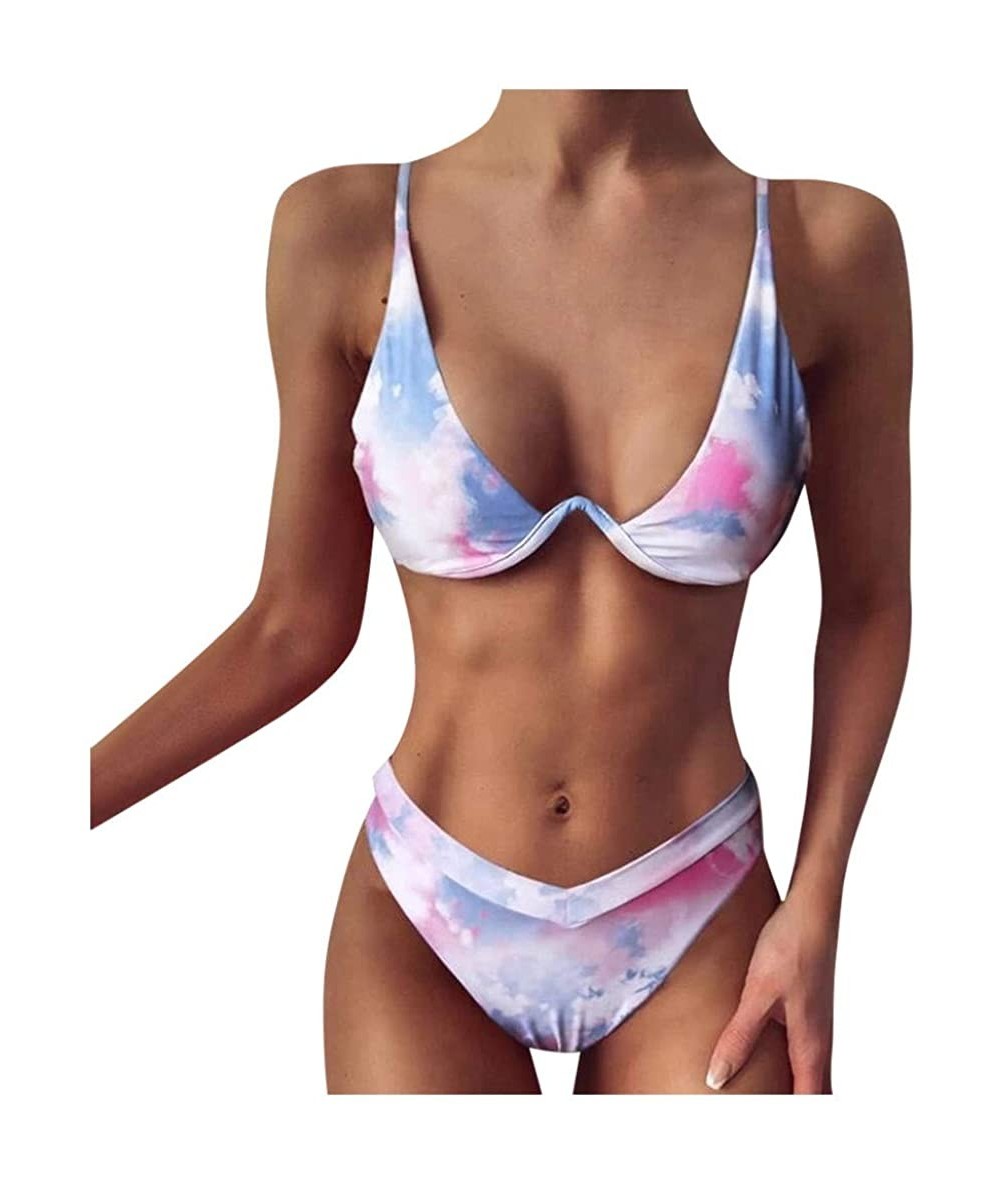 Sets Women's Tie-Dye Push Up Bikini Swimsuits High Waisted Tummy Control Two Piece Swimwear - Purple - CG199XAT067 $31.52