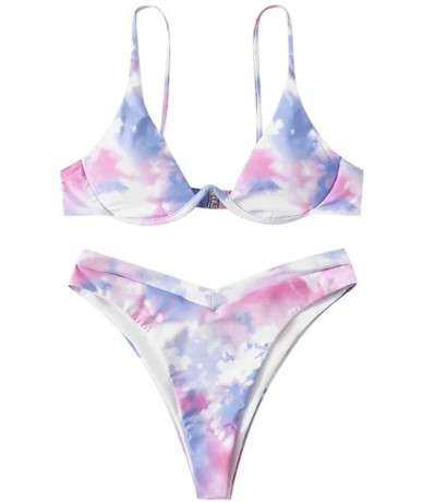 Sets Women's Tie-Dye Push Up Bikini Swimsuits High Waisted Tummy Control Two Piece Swimwear - Purple - CG199XAT067 $31.52