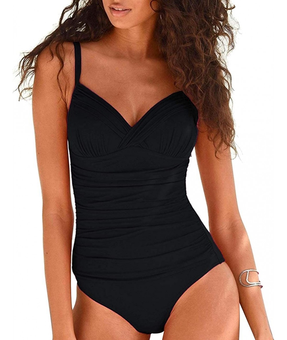 One-Pieces Women's One Piece Swimsuits Front Twist Swimwear V Neck Shirred Bathing Suit Monokini Tummy Control - Black - CM19...