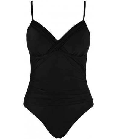 One-Pieces Women's One Piece Swimsuits Front Twist Swimwear V Neck Shirred Bathing Suit Monokini Tummy Control - Black - CM19...