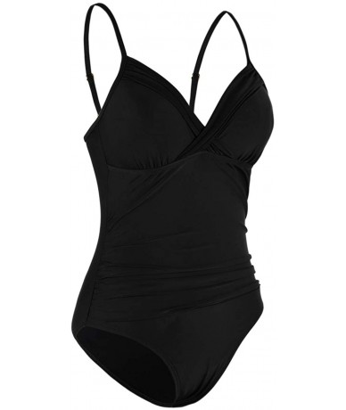 One-Pieces Women's One Piece Swimsuits Front Twist Swimwear V Neck Shirred Bathing Suit Monokini Tummy Control - Black - CM19...