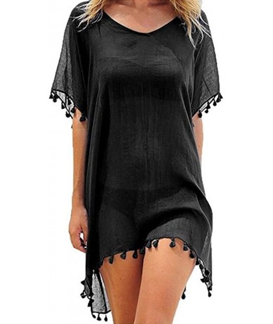 Cover-Ups Women's Chiffon Tassel Kaftan Swimsuit Beach Cover Up - A-black - CJ18QMZYZQ9 $26.76