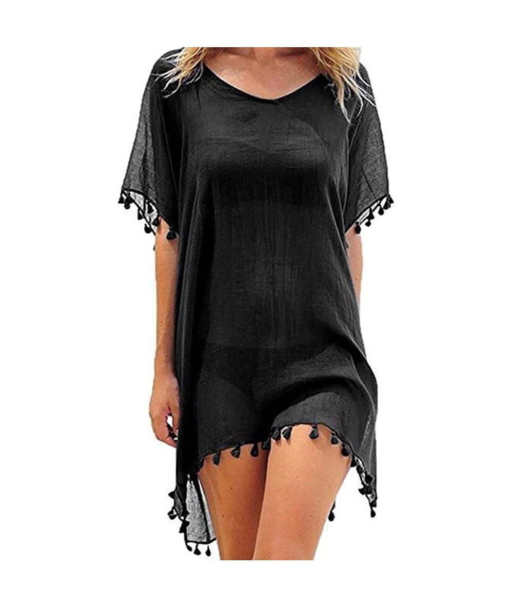 Cover-Ups Women's Chiffon Tassel Kaftan Swimsuit Beach Cover Up - A-black - CJ18QMZYZQ9 $26.76