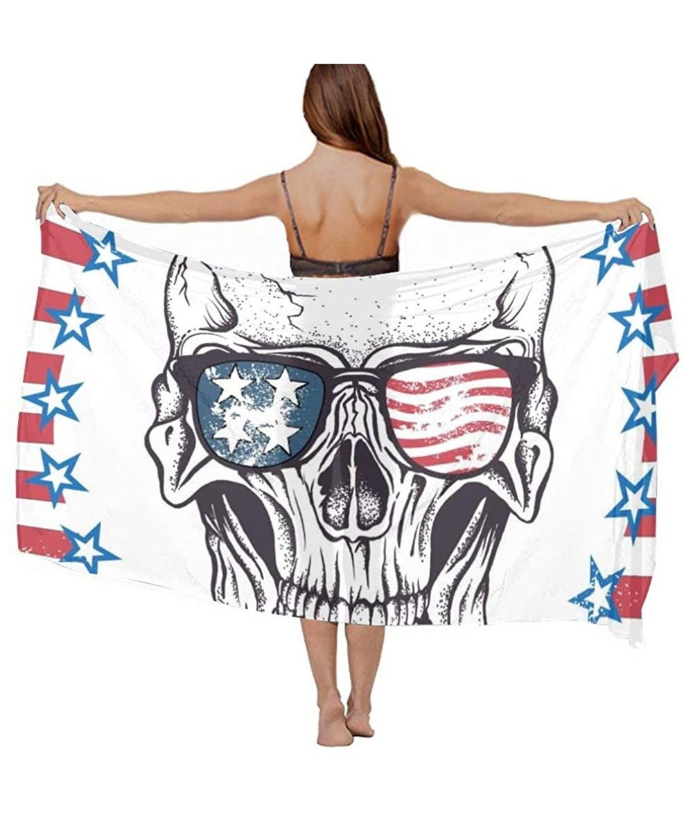 Cover-Ups Women Chiffon Scarf Sunscreen Shawl Wrap Swimsuit Cover Up Beach Sarongs - Usa Flag Pirate Skull Red White Stipes -...