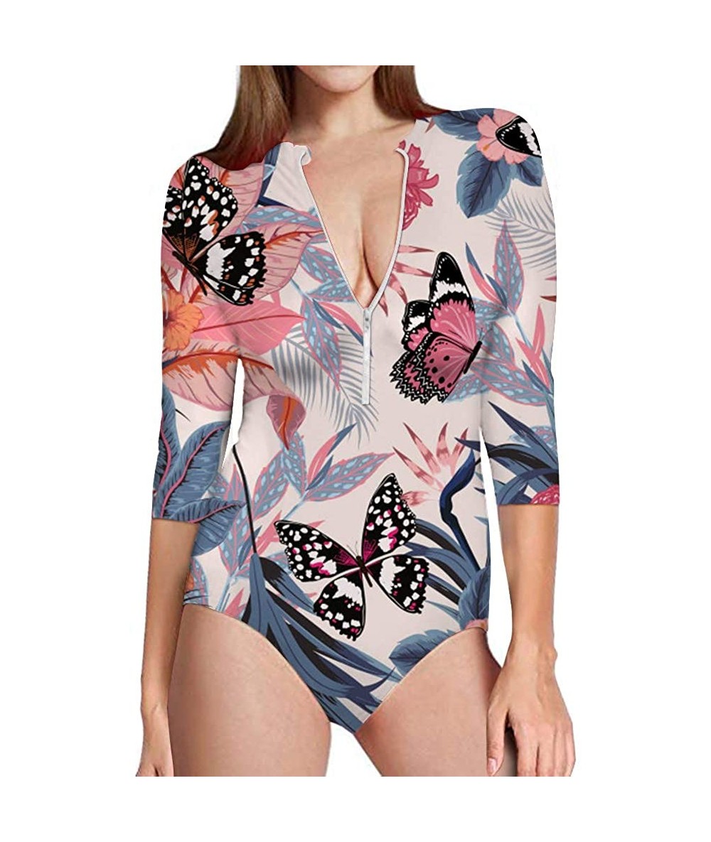 One-Pieces Women's Rashguard Long Sleeve Zip UV Protection Print Surfing Swimsuit Swimwear Bathing Suits - Butterfly - CH18R6...