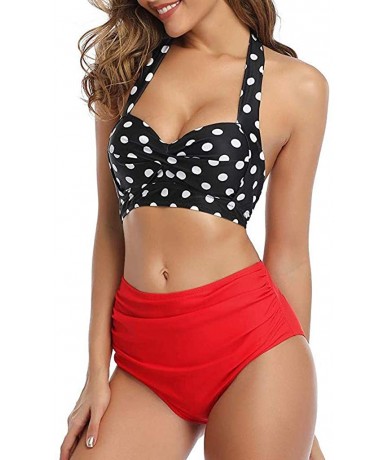 Sets Women Vintage Swimsuit Two Piece Retro Halter Ruched High Waist Bikini - Red Top Dot - CJ194XN4QEI $27.00