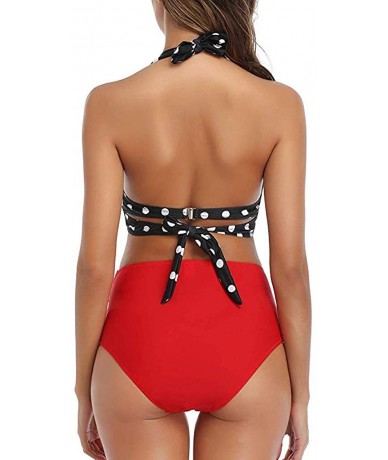 Sets Women Vintage Swimsuit Two Piece Retro Halter Ruched High Waist Bikini - Red Top Dot - CJ194XN4QEI $27.00