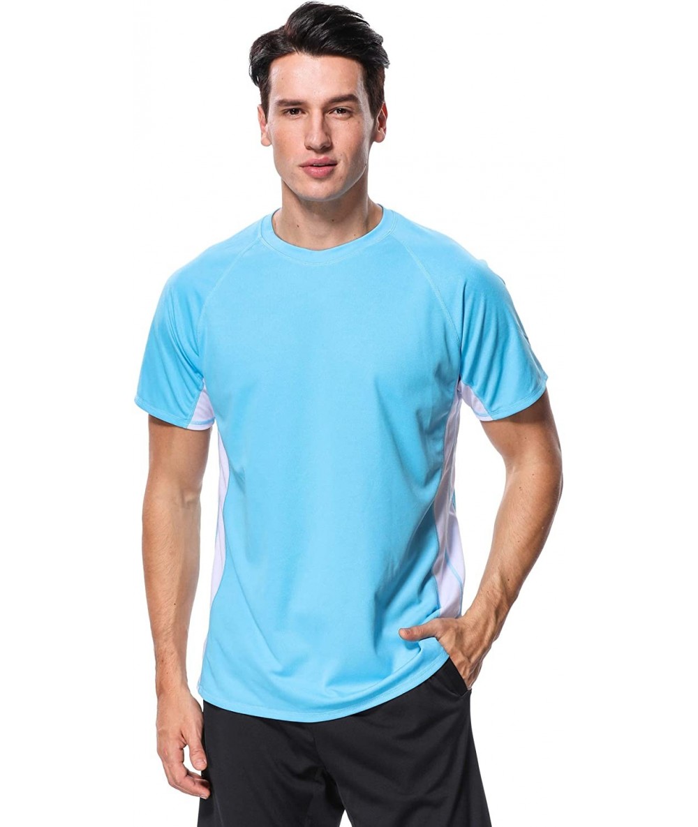 Rash Guards Men's UPF 50+ Rash Guard Short Sleeve Swim Shirts Sun Protection Swim Top - Aqua-white - CB18DH86WN3 $25.72