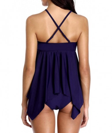 Tankinis Women's Ruched Solid Two-Piece Swimsuit Tankini Set Swimwear - Navy （a Lined Flowy） - CW18M4R3G55 $35.38