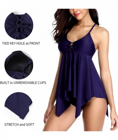 Tankinis Women's Ruched Solid Two-Piece Swimsuit Tankini Set Swimwear - Navy （a Lined Flowy） - CW18M4R3G55 $35.38