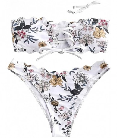 Sets Women's Two-Piece Bandeau Lace Up Swimsuit Push-Up Padded Bikini Floral Swimwear Beachwear - White - C8195RHM8O9 $22.05