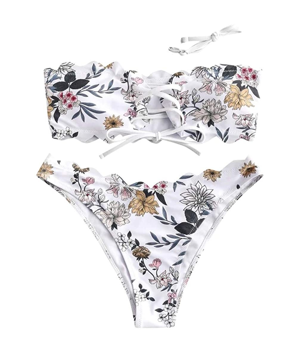 Sets Women's Two-Piece Bandeau Lace Up Swimsuit Push-Up Padded Bikini Floral Swimwear Beachwear - White - C8195RHM8O9 $22.05