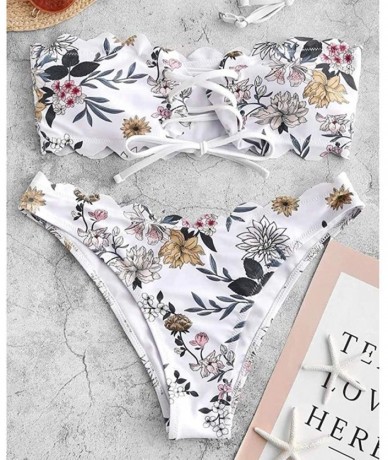 Sets Women's Two-Piece Bandeau Lace Up Swimsuit Push-Up Padded Bikini Floral Swimwear Beachwear - White - C8195RHM8O9 $22.05