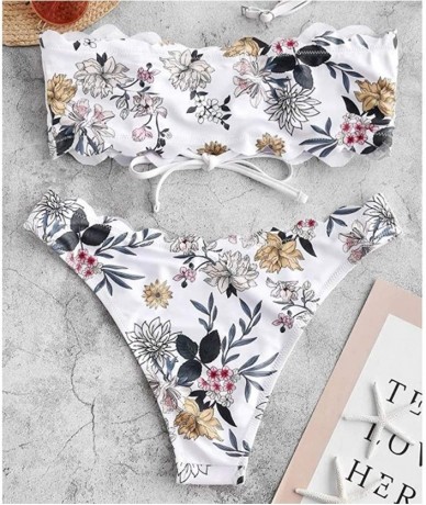 Sets Women's Two-Piece Bandeau Lace Up Swimsuit Push-Up Padded Bikini Floral Swimwear Beachwear - White - C8195RHM8O9 $22.05