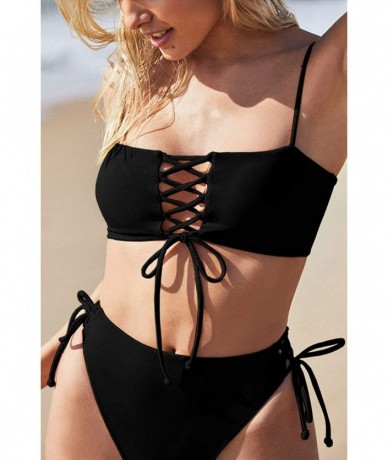 Sets Women's Spaghetti Strap Bandeau Lace Up High Waist 2PCS Bikini Set Simsuit - Black - C918QS05QGW $43.86