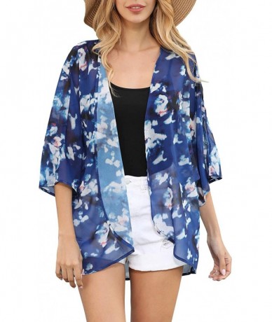 Cover-Ups Women Casual Floral Short Sleeve Shawl Chiffon Kimono Cover Up Blouse Top - Navy Blue - C7194OA0U20 $23.96