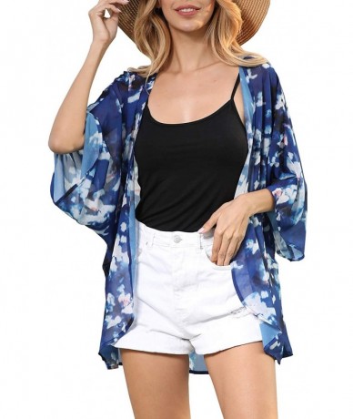 Cover-Ups Women Casual Floral Short Sleeve Shawl Chiffon Kimono Cover Up Blouse Top - Navy Blue - C7194OA0U20 $23.96