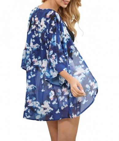 Cover-Ups Women Casual Floral Short Sleeve Shawl Chiffon Kimono Cover Up Blouse Top - Navy Blue - C7194OA0U20 $23.96