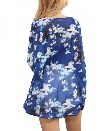 Cover-Ups Women Casual Floral Short Sleeve Shawl Chiffon Kimono Cover Up Blouse Top - Navy Blue - C7194OA0U20 $23.96