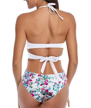 Tankinis Womens Bathing Suits Floral Printing Swim Bottoms Padded Halter Bandage Bikini Two Piece Swimsuits - B-white - CM194...