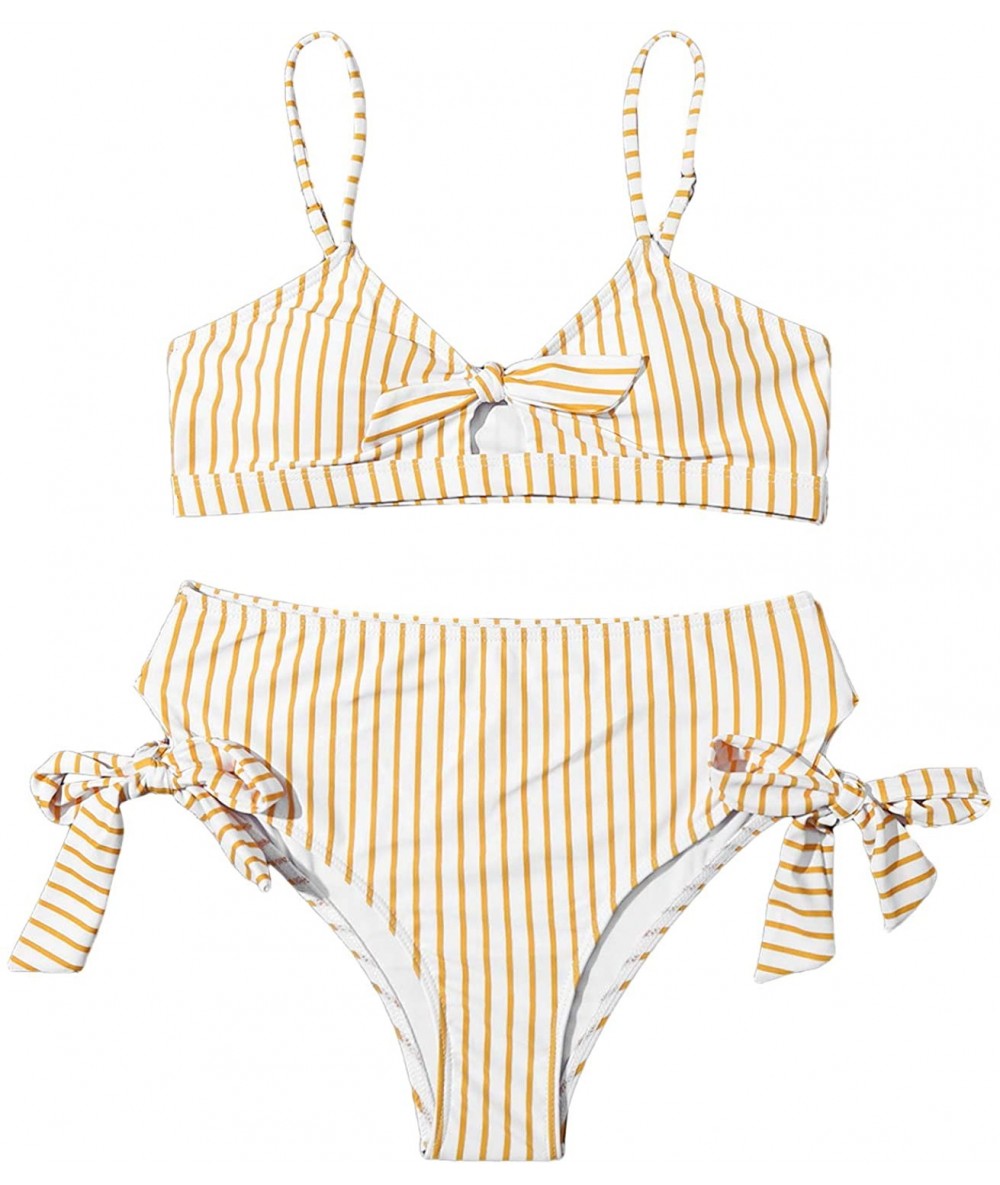 Sets Women's Sexy Bikini Set Tie Kont Striped Print High Waisted Swimwear Swimsuit - Striped-yellow - C8190QAXZC0 $41.61