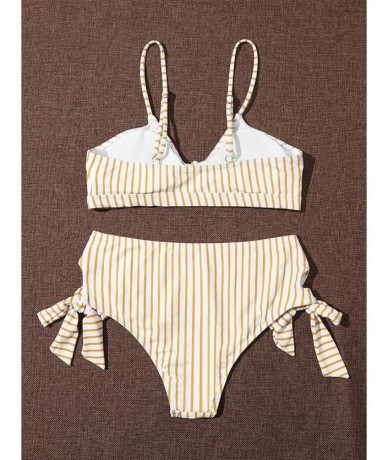 Sets Women's Sexy Bikini Set Tie Kont Striped Print High Waisted Swimwear Swimsuit - Striped-yellow - C8190QAXZC0 $41.61