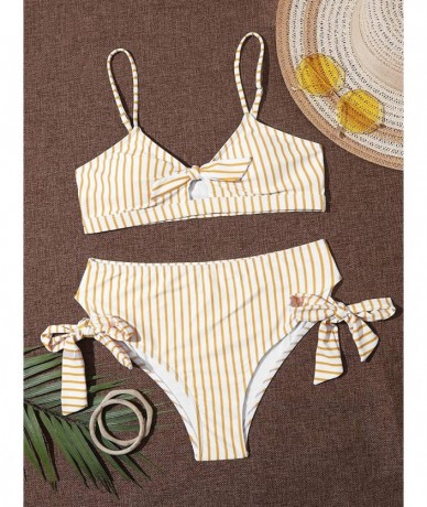 Sets Women's Sexy Bikini Set Tie Kont Striped Print High Waisted Swimwear Swimsuit - Striped-yellow - C8190QAXZC0 $41.61