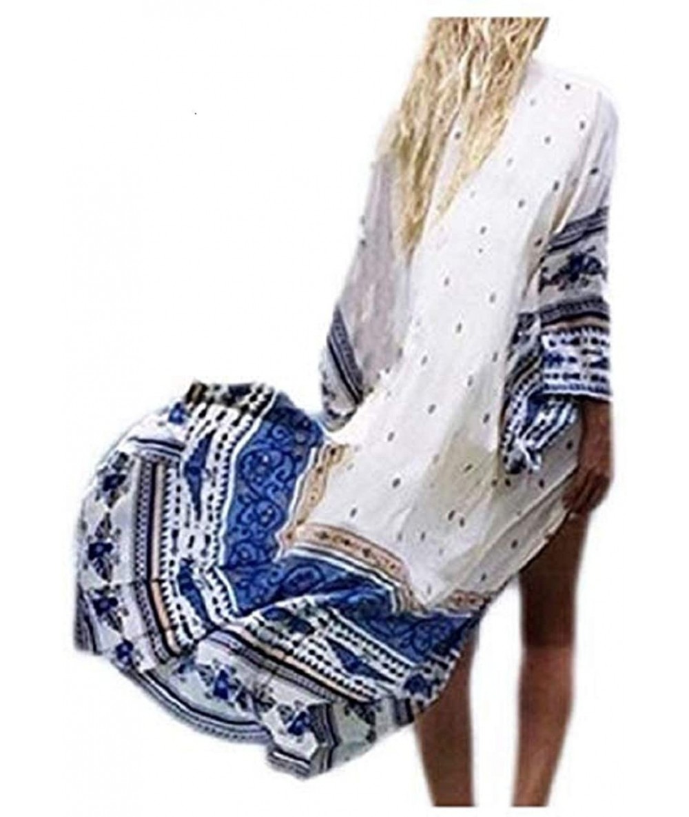 Cover-Ups Women's Flowy Open Front Swimsuit Cover Ups Print Beach Kimono - White Blue - CT18ZUNAWYO $38.35