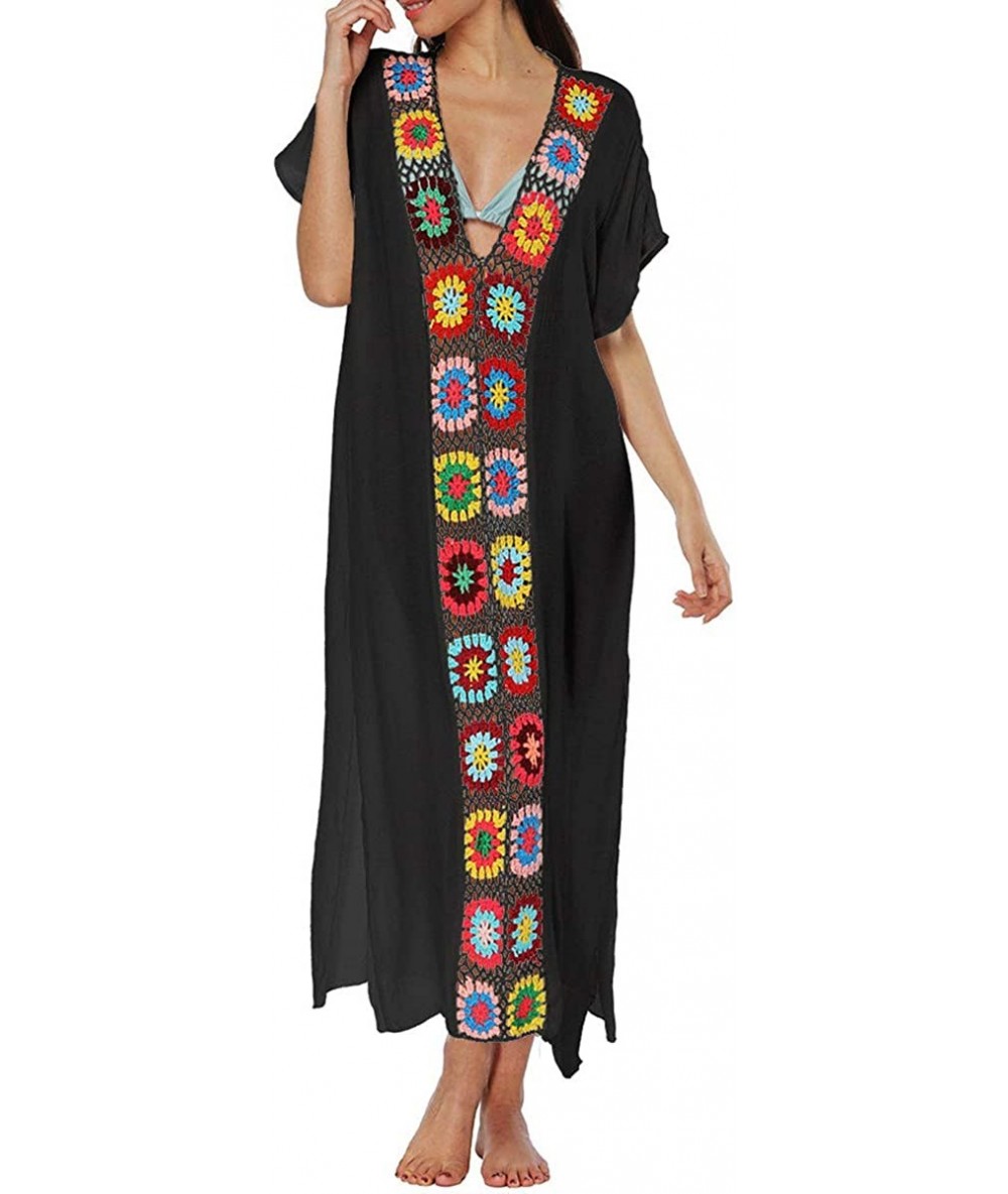 Cover-Ups Womens Bathing Suit Loose Swimsuit Ethnic Print Cover Ups Kaftan Beach Dress - 01 Black - CT192ANMUQM $39.86