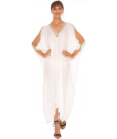 Cover-Ups Womens Kaftan Cover Up Long Maxi Dress Cold Shoulder Gold Beads V Neck - White - CZ18RI9MCY5 $67.77