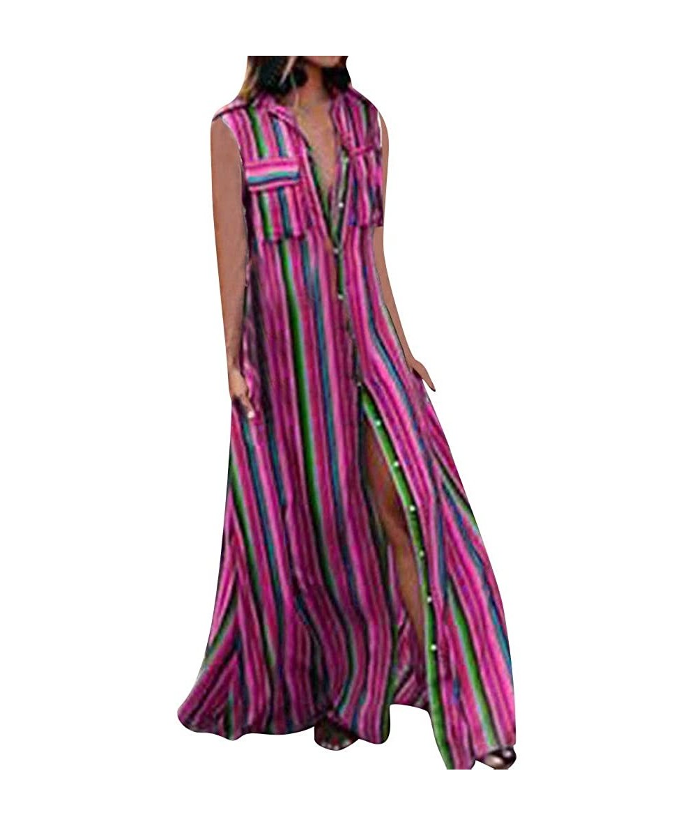 Cover-Ups Turndown Collar Short Sleeve Maxi Dress for Women V Neck Vertical Stripes Full Button Pockets Long Maxi Dresses - Y...