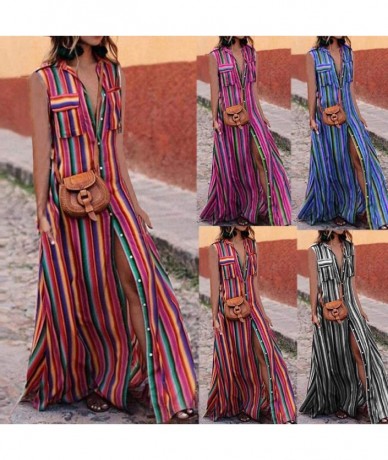 Cover-Ups Turndown Collar Short Sleeve Maxi Dress for Women V Neck Vertical Stripes Full Button Pockets Long Maxi Dresses - Y...