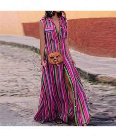 Cover-Ups Turndown Collar Short Sleeve Maxi Dress for Women V Neck Vertical Stripes Full Button Pockets Long Maxi Dresses - Y...