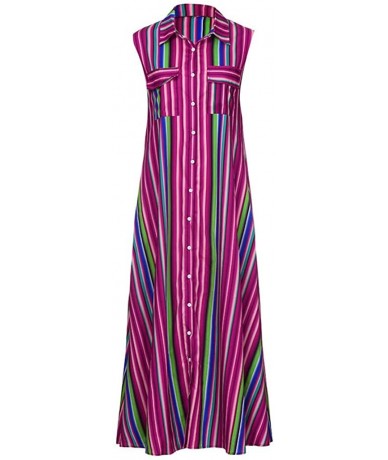 Cover-Ups Turndown Collar Short Sleeve Maxi Dress for Women V Neck Vertical Stripes Full Button Pockets Long Maxi Dresses - Y...