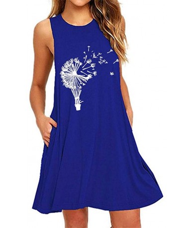 Cover-Ups Womens Dandelion Print Short Dress Casual Beach Sundress Mini A Line Sleeveless O Neck Tank Dress with Pocket Blue2...