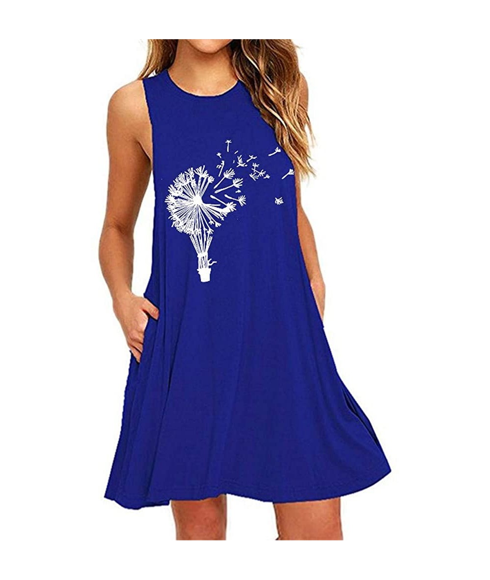 Cover-Ups Womens Dandelion Print Short Dress Casual Beach Sundress Mini A Line Sleeveless O Neck Tank Dress with Pocket Blue2...