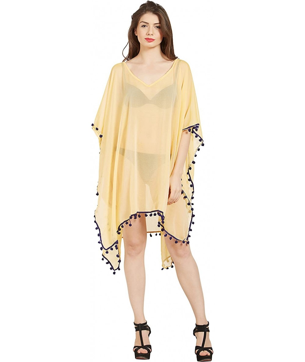 Cover-Ups Women's Sexy Pom Trim Kaftan Bikini Bath Swimsuit Beach Wrap Cover Ups Pareo Canga Swimwear - Lime Yellow - CU180KX...