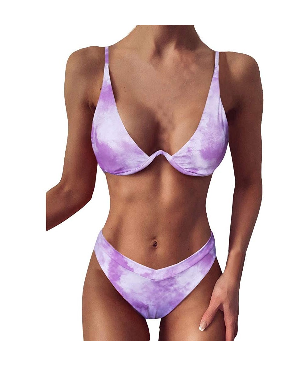 Sets Tie Dye Swimsuits for Women Girls 2020 Summer Two Piece Bikini Sets Crop Top High Waisted Swimwear Bathing Suits Purple ...